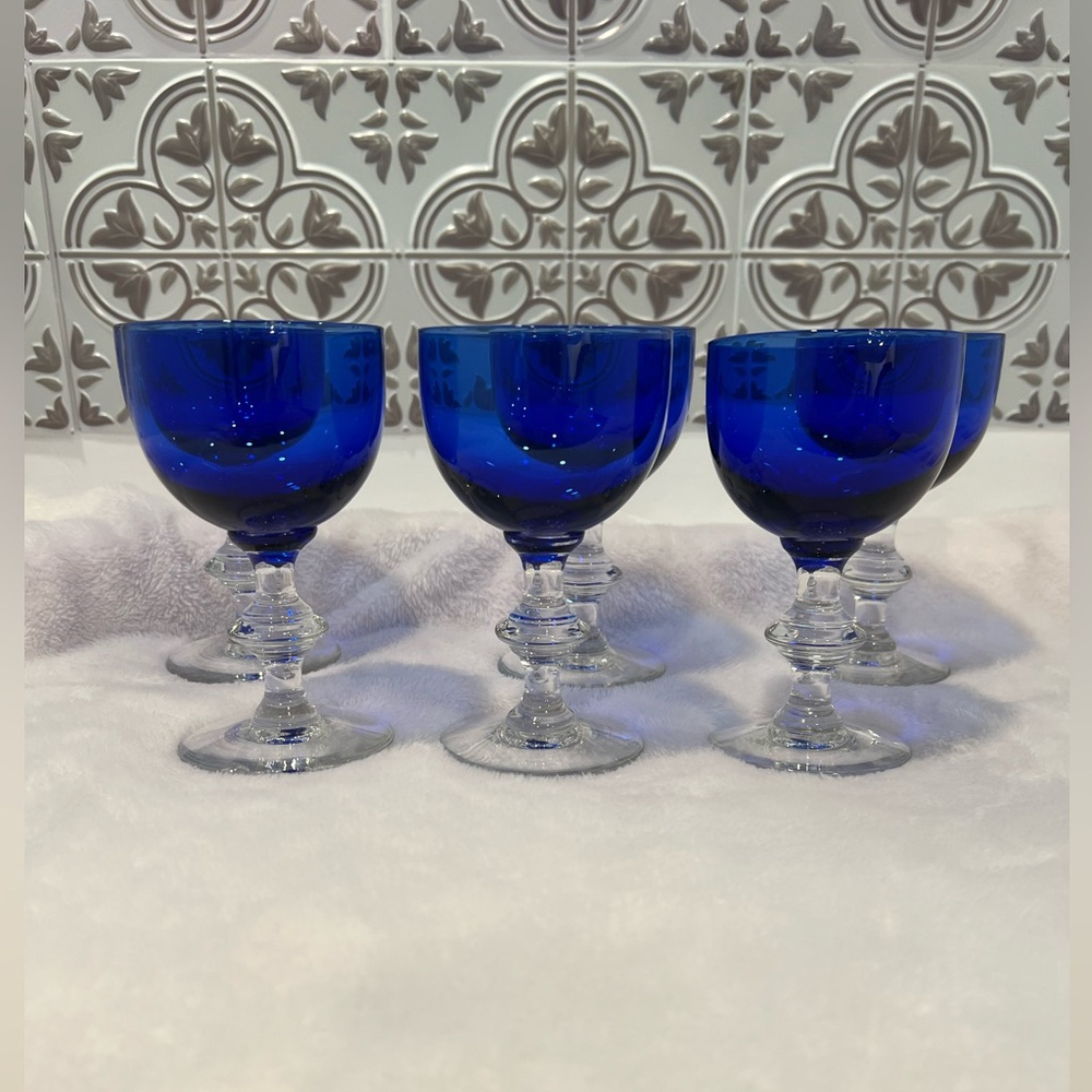 Vintage Cobalt Blue Cordial Glasses Clear Wafer Stem Set of six 4.5”  Tall